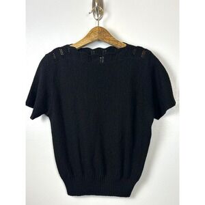 Vintage 80s Barry & Me Black Knit Short Sleeve Scalloped Neck Sweater Medium